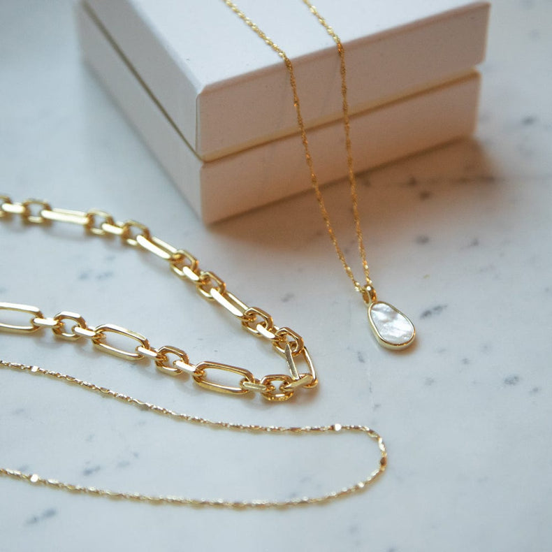 Chunky Chain Pearl Necklace Layering Set 18ct Gold Plate