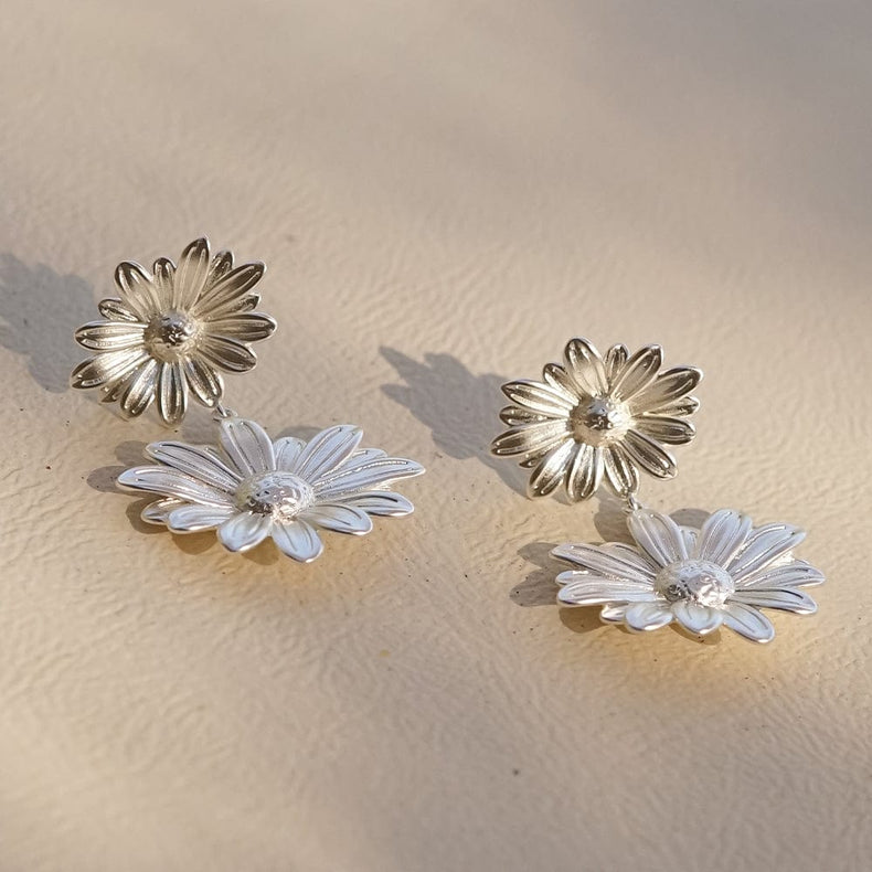 Double Daisy Flower Earrings Silver Plate