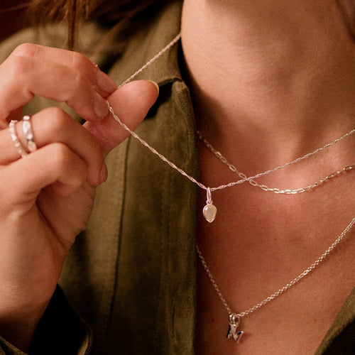 Opal October Birthstone Charm Necklace Sterling Silver