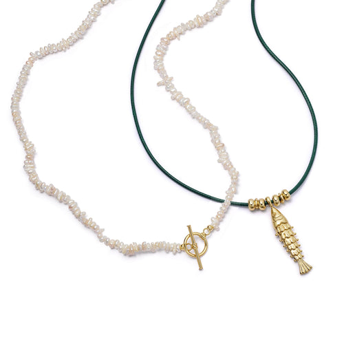 Polly Beach Pearl and Fish Cord Necklace Layering Set 18ct Gold Plate