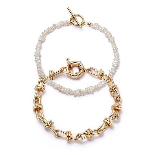 Polly Knot Chain and Beach Pearl Bracelet Set 18ct Gold Plate
