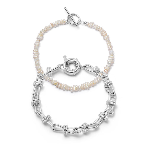 Polly Knot Chain and Beach Pearl Bracelet Set Silver Plate