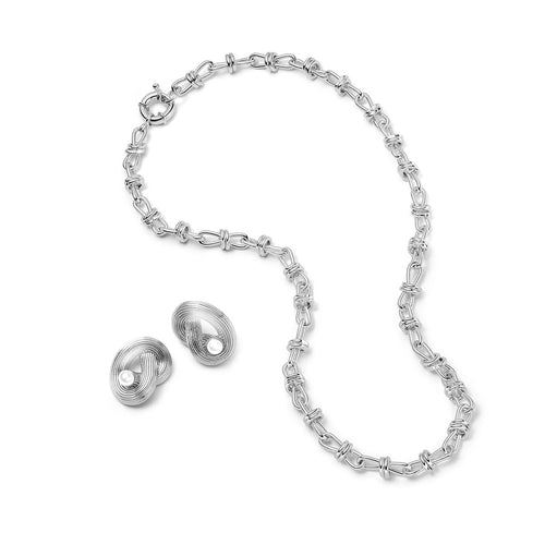 Polly Knot Pearl Studs & Knot Necklace Layering Set Silver Plate