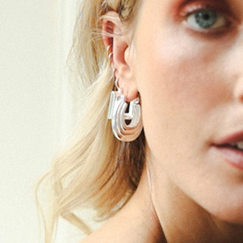 Polly Chunky Ridge Hoop Earrings Silver Plate