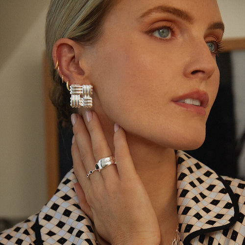 Polly Oversized Lattice Stud Earrings Silver Plate