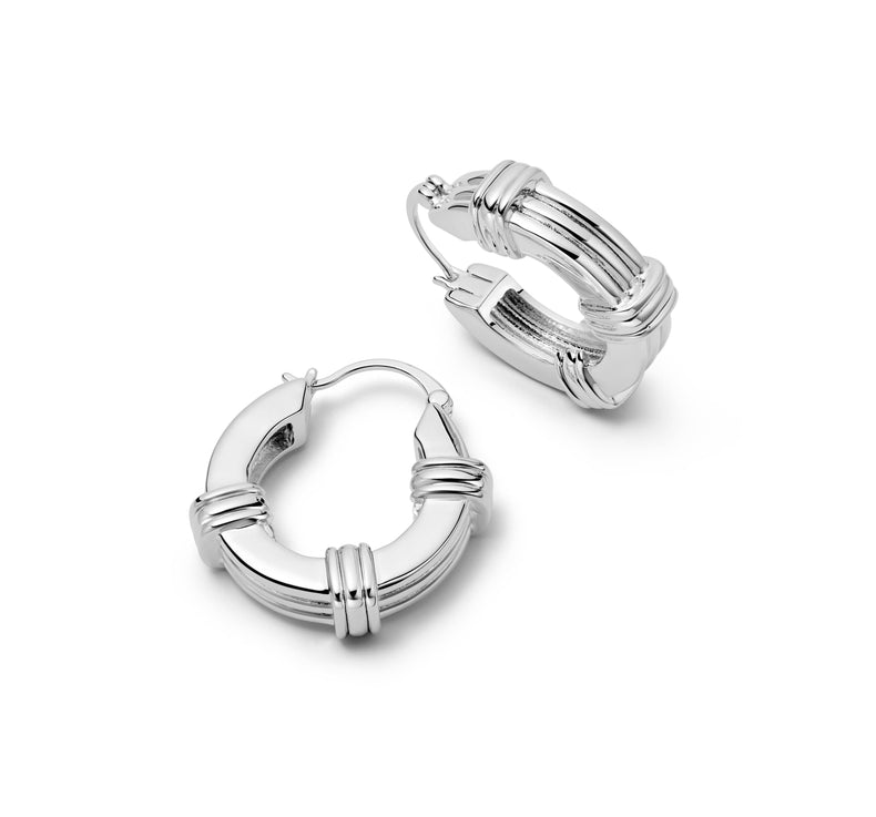 Polly Triple Ridge Chunky Hoop Earrings Silver Plate