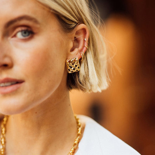 Polly Oversized Woven Square Stud Earrings 18ct Gold Plate