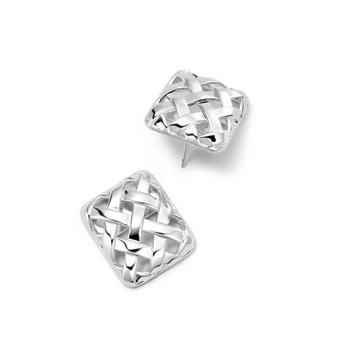 Polly Oversized Woven Square Stud Earrings Silver Plate