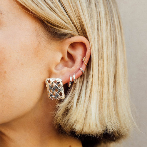 Polly Oversized Woven Square Stud Earrings Silver Plate
