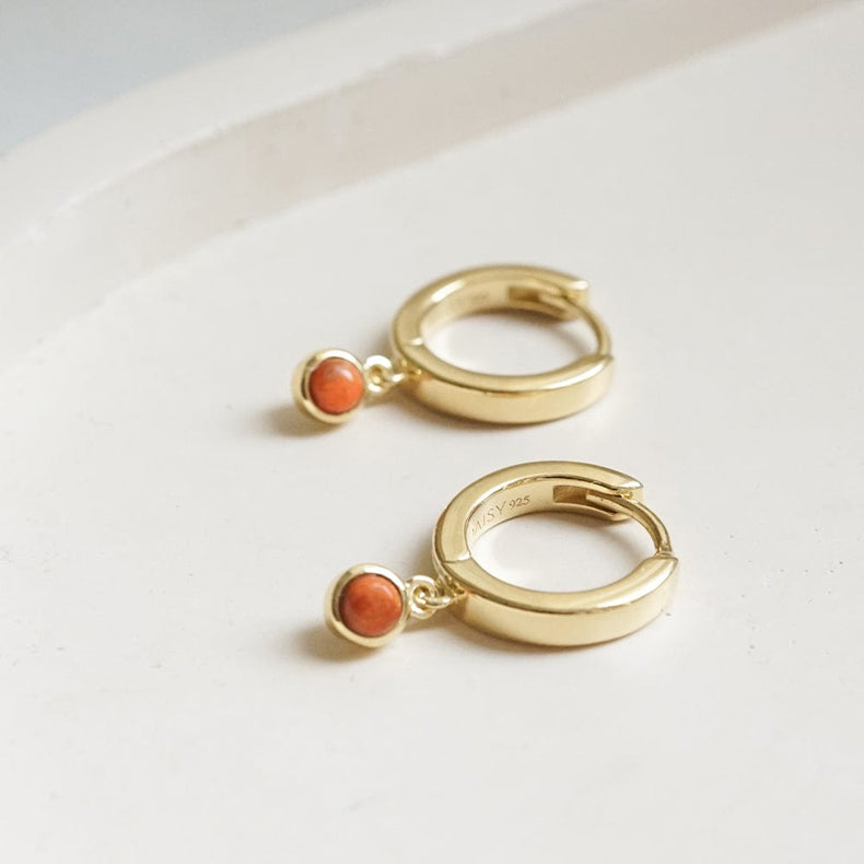 Red Coral Healing Huggie Hoop Earrings 18ct Gold Plate
