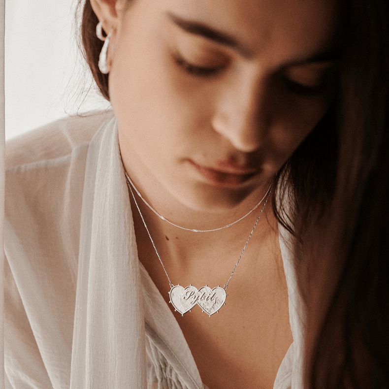 Shrimps Double Heart Personalised Necklace Silver Plate