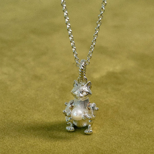 Shrimps Cat Pearl Charm Necklace Silver Plate