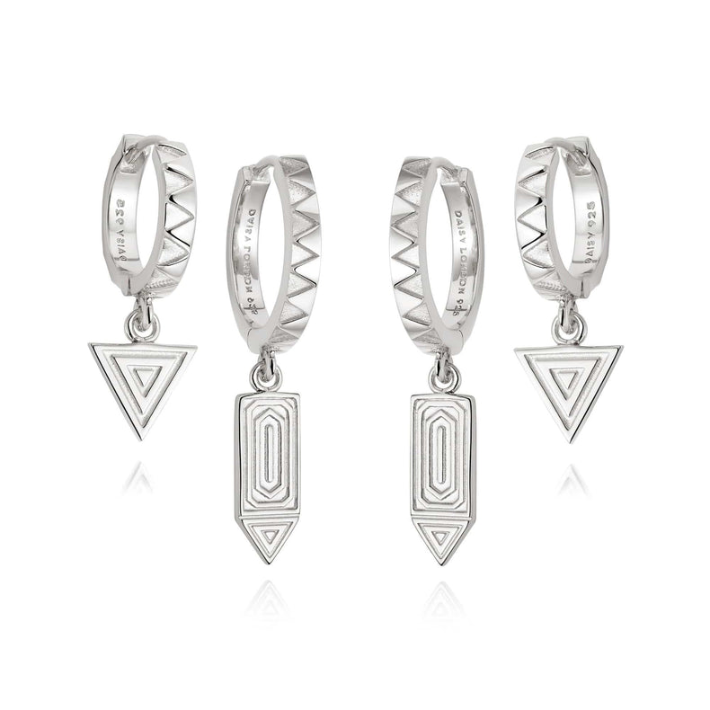 Silver Artisan Stamp Huggie Duo Set Sterling Silver