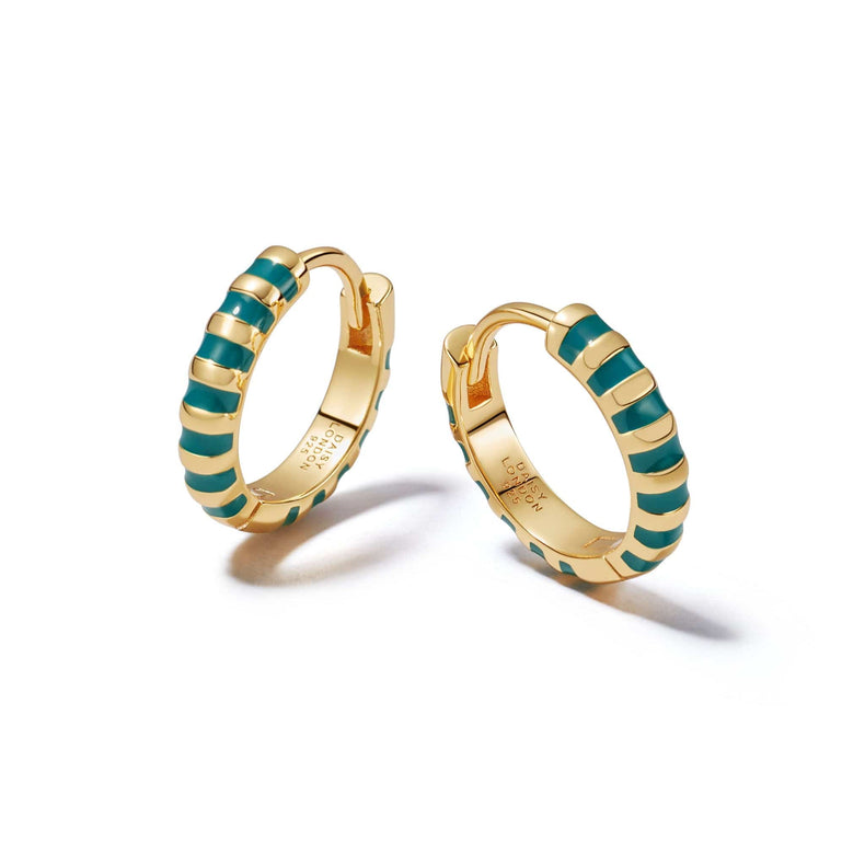 Teal Fine Stripe Huggie Hoop Earrings 18ct Gold Plate