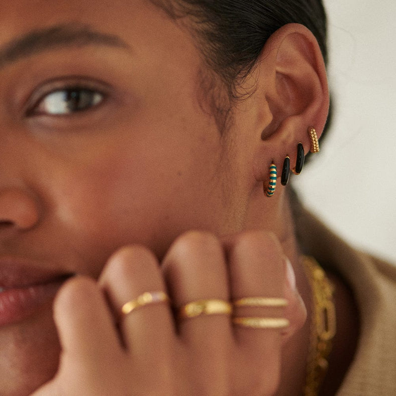 Teal Fine Stripe Huggie Hoop Earrings 18ct Gold Plate