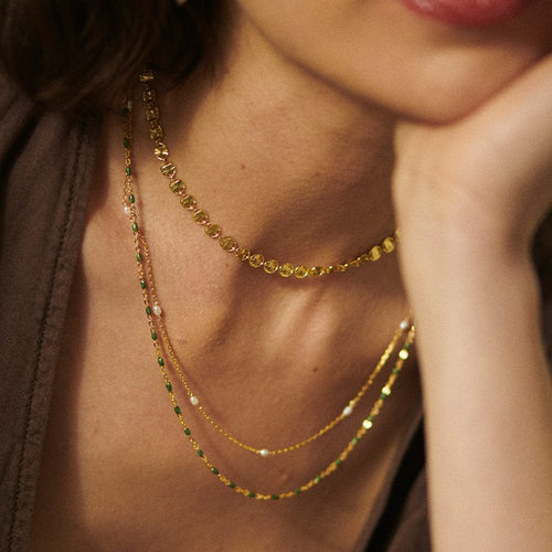 Treasures Green Beaded Necklace 18ct Gold Plate