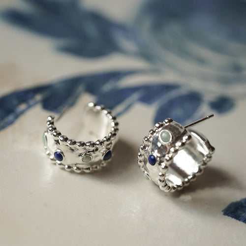 Amulet Stone Hoop Earrings Silver Plate