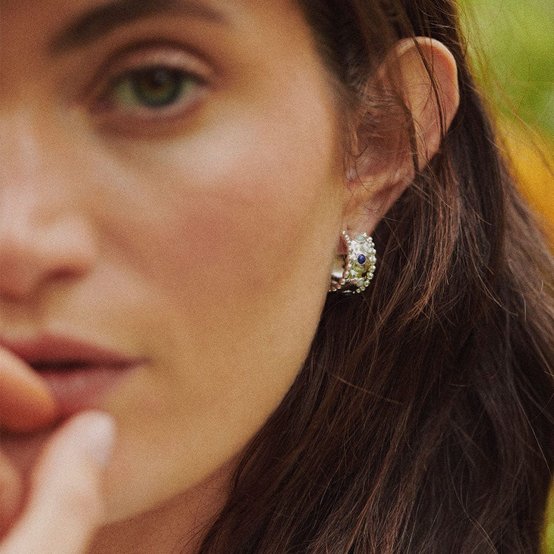 Amulet Stone Hoop Earrings Silver Plate