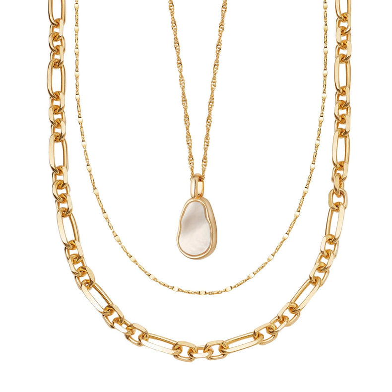 Chunky Chain Pearl Necklace Layering Set 18ct Gold Plate