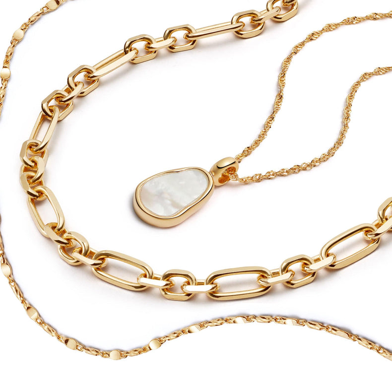 Chunky Chain Pearl Necklace Layering Set 18ct Gold Plate
