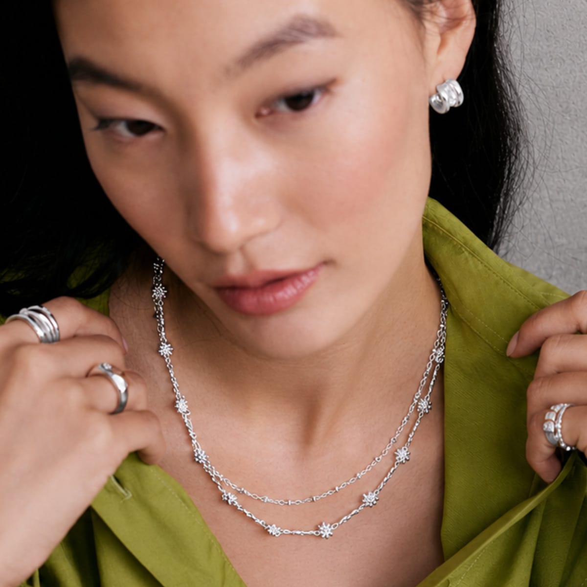 Daisy Chain Twist & Diamond Disc Necklace Layering Set Silver Plate