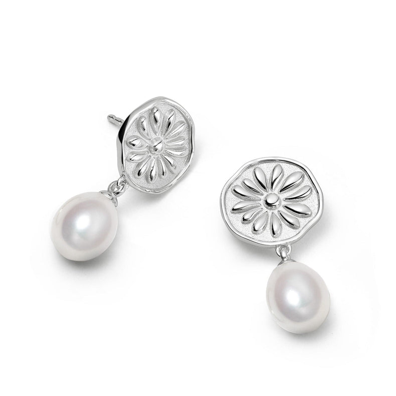 Daisy Pearl Drop Earrings Sterling Silver