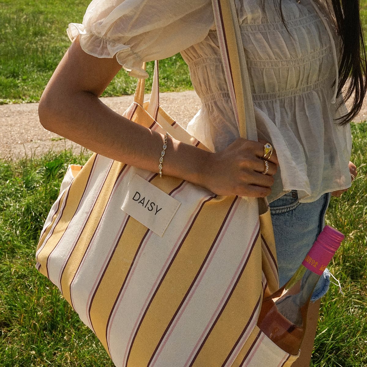 Daisy Striped Large Tote Bag