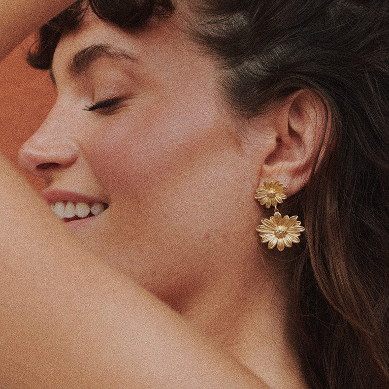 Double Daisy Flower Earrings 18ct Gold Plate