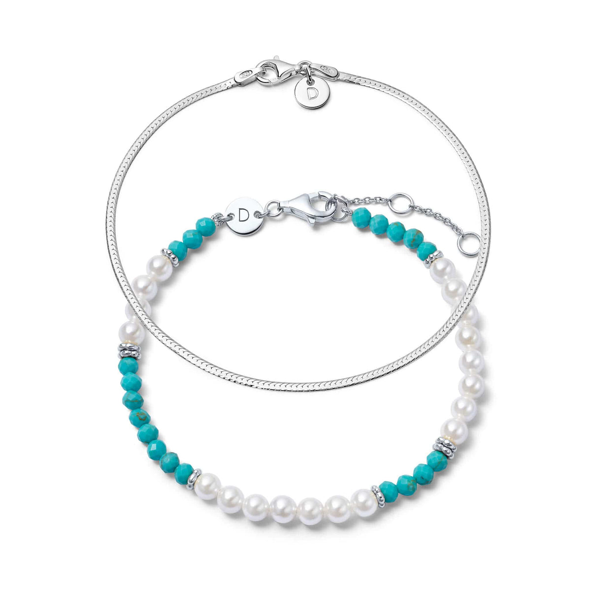 Fine Pearl & Turquoise Bracelet Stack Sterling Silver Daisy London