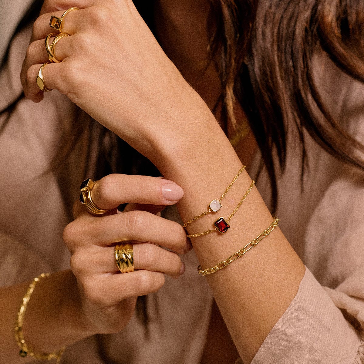 Garnet January Birthstone Charm Bracelet 18ct Gold Plate