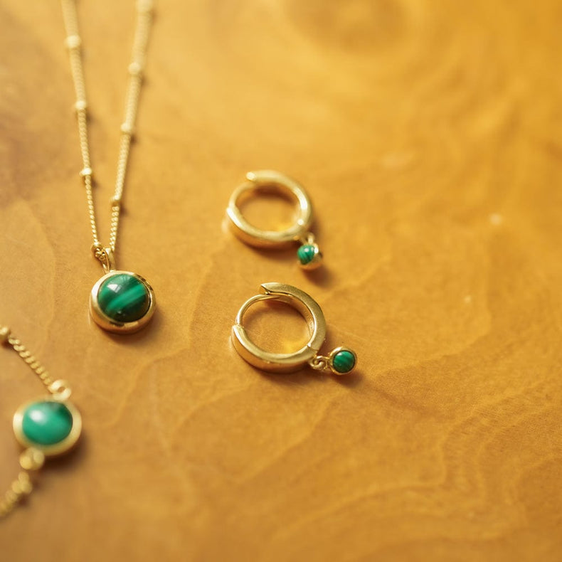 Malachite Healing Huggie Hoop Earrings 18ct Gold Plate