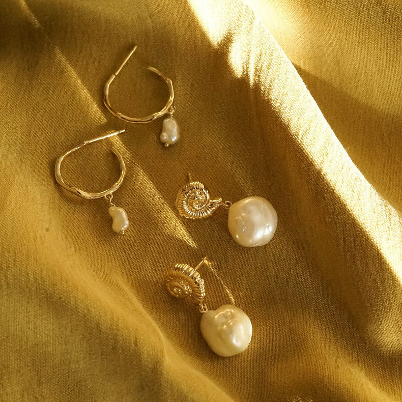 Organic Hoop Pearl Drop Earrings 18ct Gold Plate