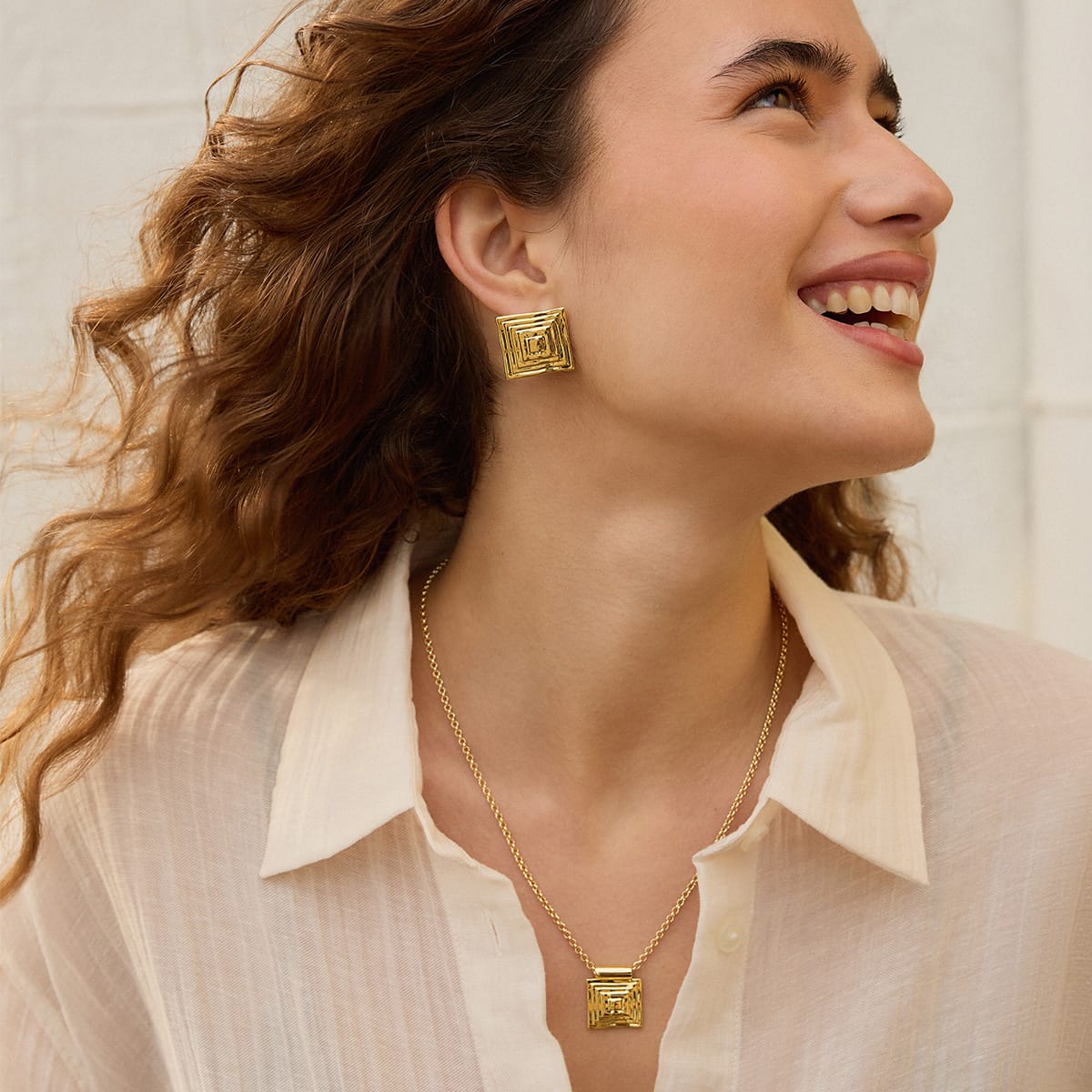 Oversized Strata Square Studs Earrings 18ct Gold Plate