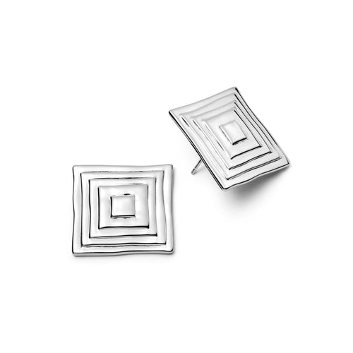 Oversized Strata Square Studs Earrings Silver Plate