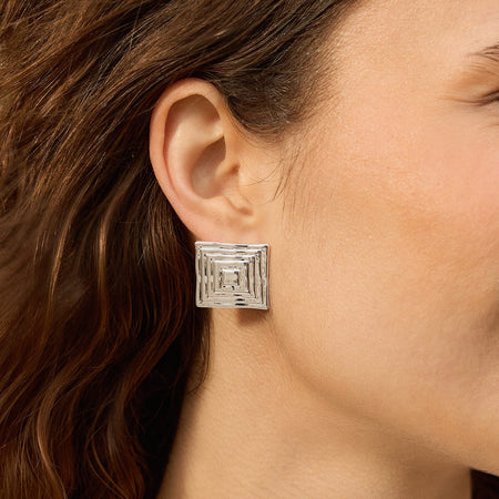 Oversized Strata Square Studs Earrings Silver Plate recommended