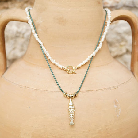 Polly Beach Pearl and Fish Cord Necklace Layering Set 18ct Gold Plate recommended