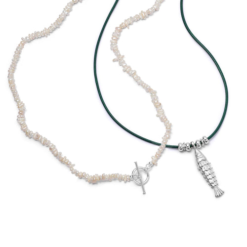Polly Beach Pearl and Fish Cord Necklace Layering Set Sterling Silver
