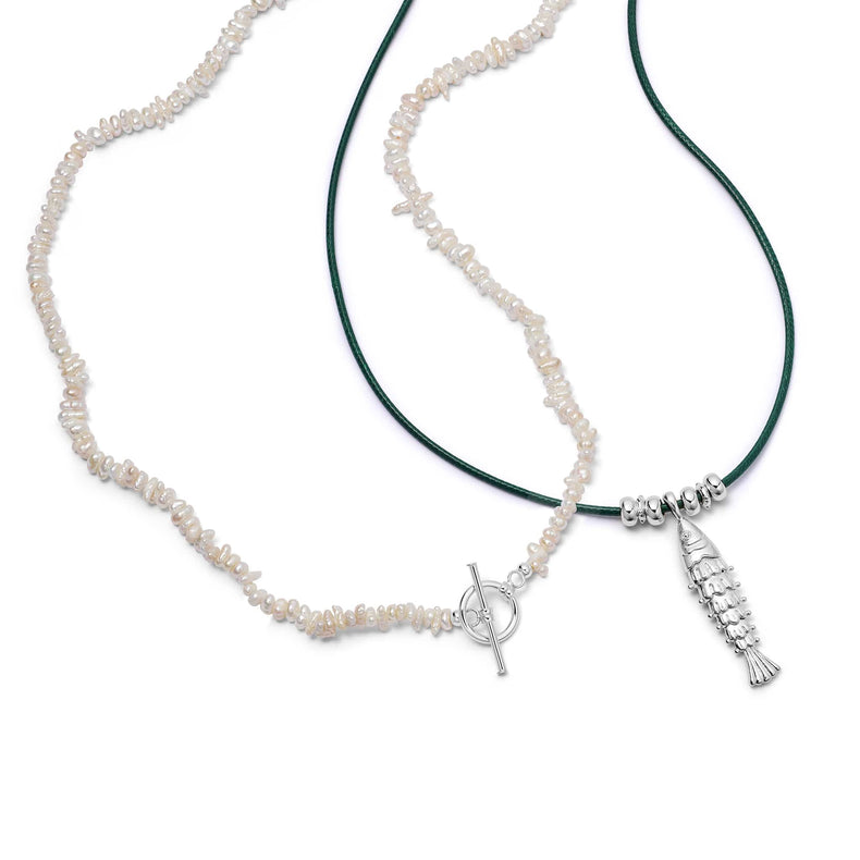 Polly Beach Pearl and Fish Cord Necklace Layering Set Sterling Silver recommended