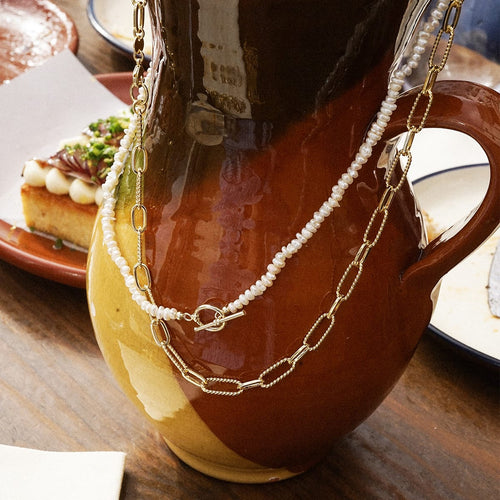 Polly Beach Pearl and Paperclip Necklace Layering Set 18ct Gold Plate