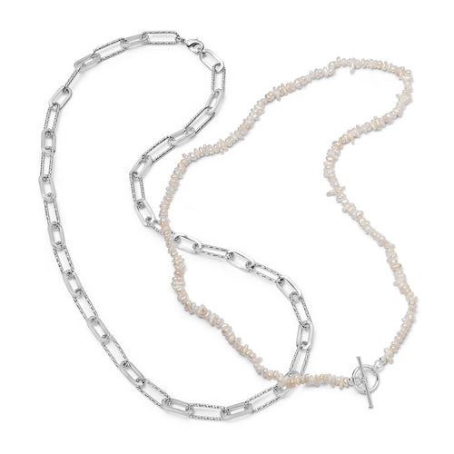 Polly Beach Pearl and Paperclip Necklace Layering Set Silver Plate