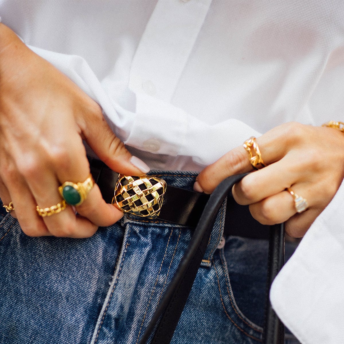 Polly Black Leather Belt 18ct Gold Plate