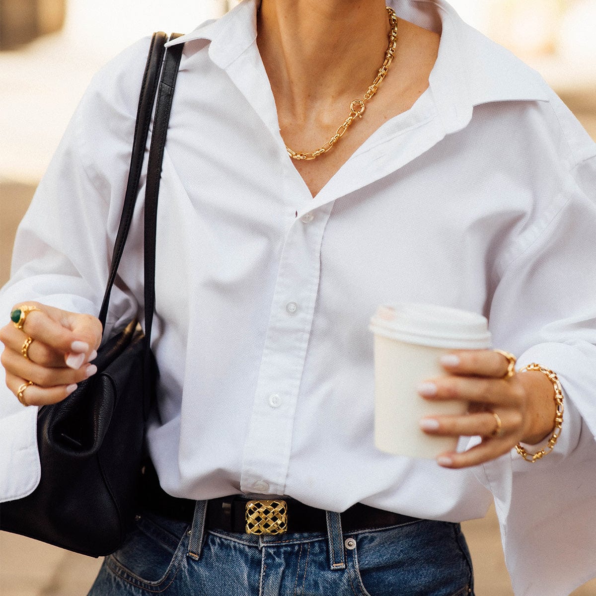 Polly Black Leather Belt 18ct Gold Plate