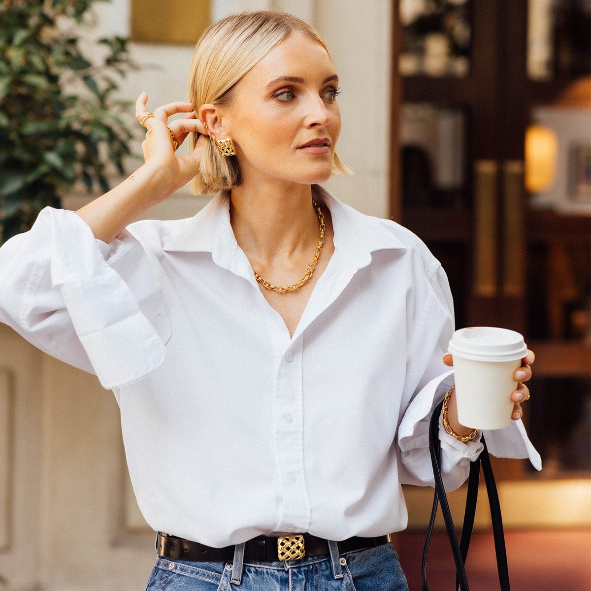 Polly Black Leather Belt 18ct Gold Plate