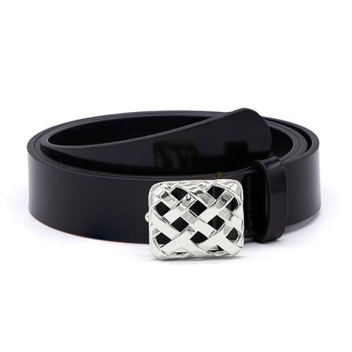 Polly Black Leather Belt Silver Plate