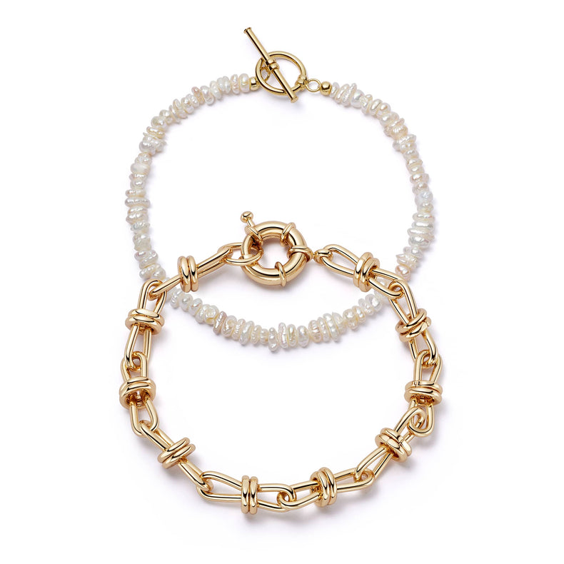 Polly Knot Chain and Beach Pearl Bracelet Set 18ct Gold Plate recommended