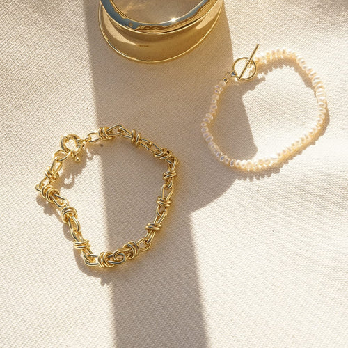 Polly Knot Chain and Beach Pearl Bracelet Set 18ct Gold Plate