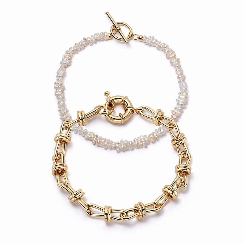 Polly Knot Chain and Beach Pearl Bracelet Set 18ct Gold Plate recommended