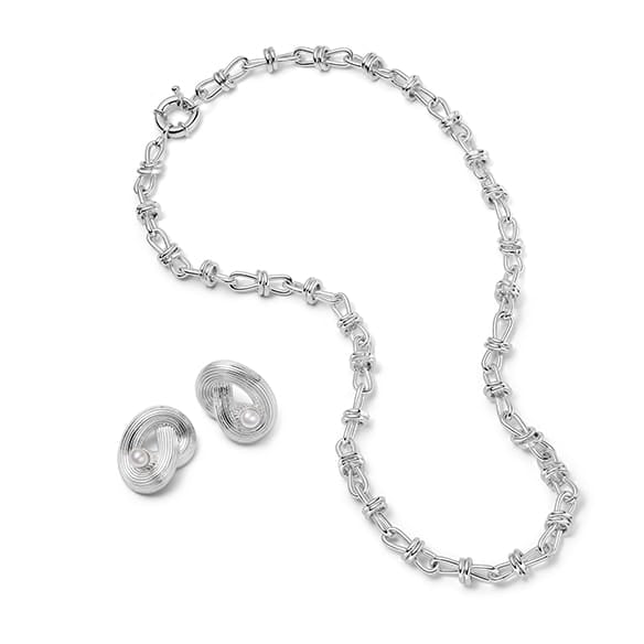 Polly Knot Pearl Studs & Knot Necklace Layering Set Silver Plate