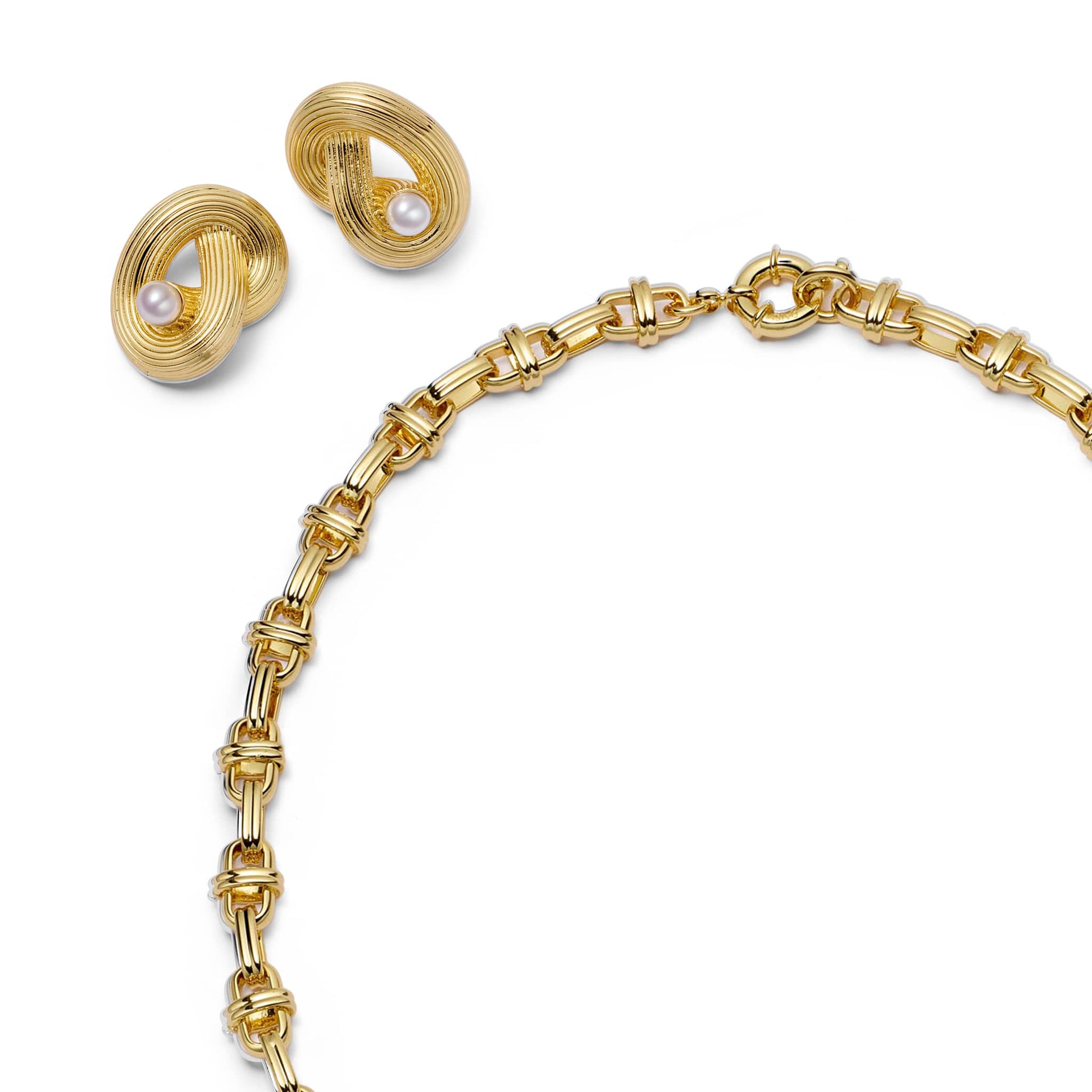 Polly Knot Pearl Studs & Lock Necklace Layering Set 18ct Gold Plate