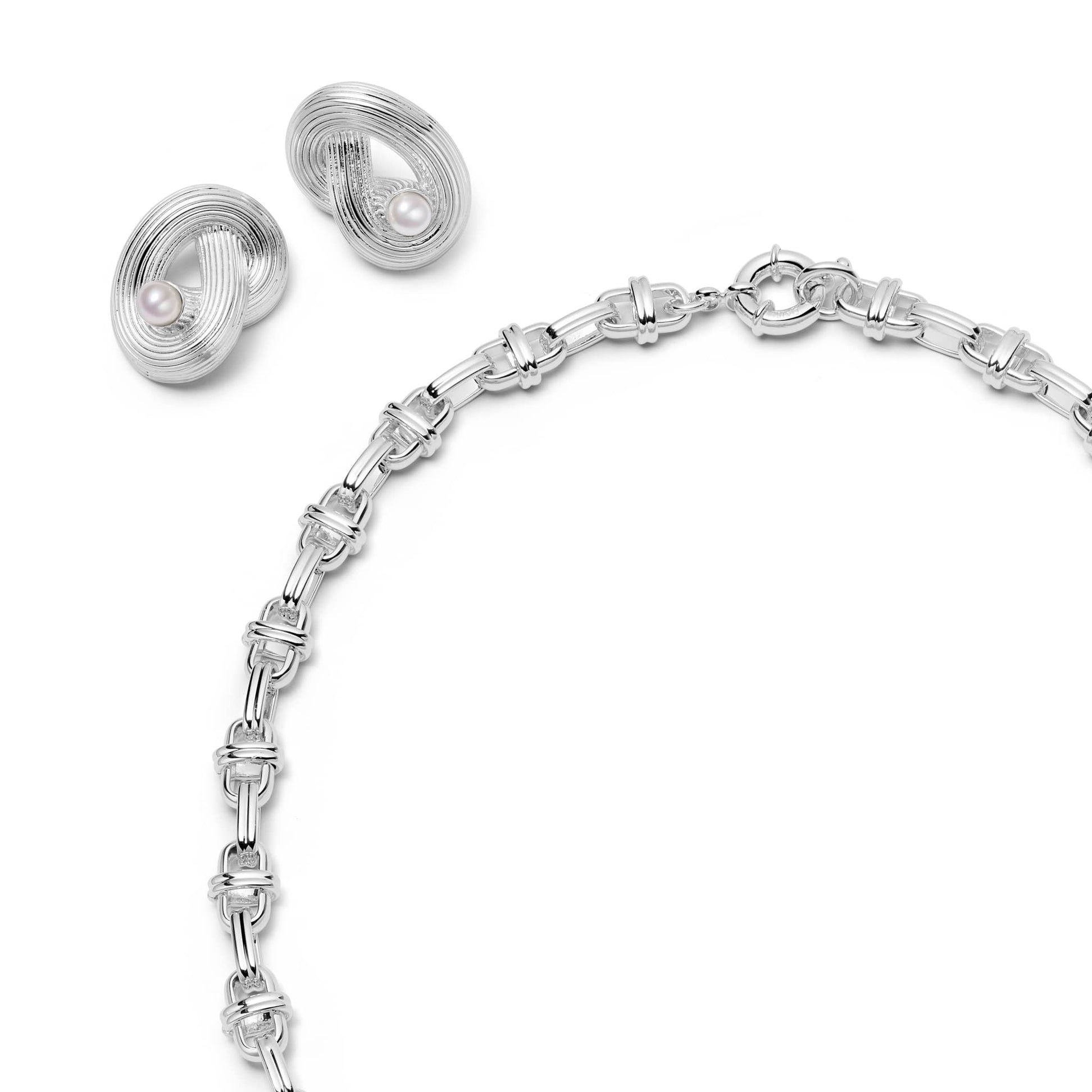 Polly Knot Pearl Studs & Lock Necklace Layering Set Silver Plate